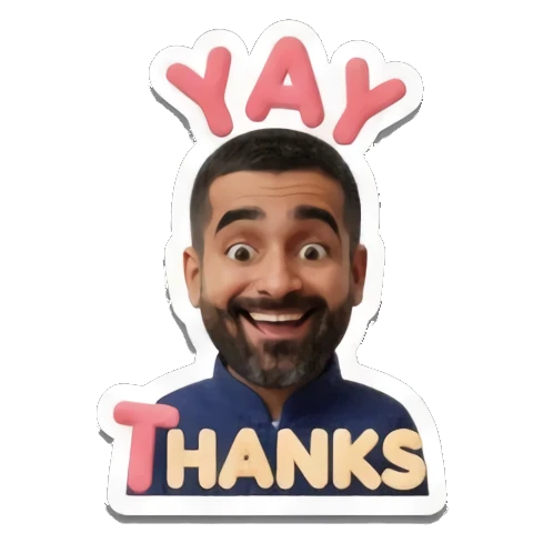 Bearded man smiling with gratitude with text THANKS Cheerful Bearded Professional sticker for expressive chats and social replies.