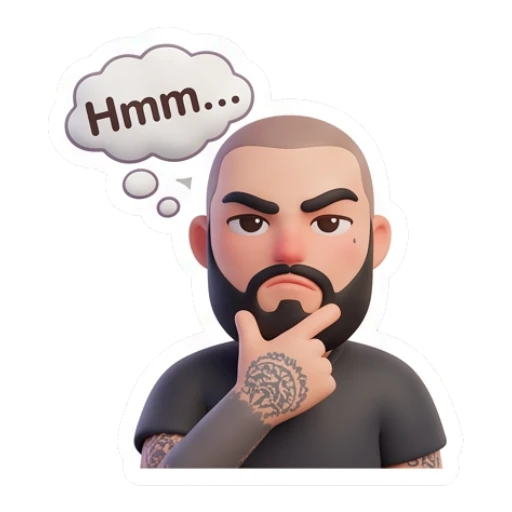 Bearded man thinking with hand on chin, text Hmm Bearded Guy Daily Moods sticker for expressive chats and social replies.