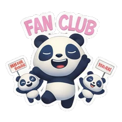 Panda holding signs with two mini pandas and FAN CLUB text Rocking Panda Band sticker for expressive chats and social replies.