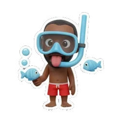 Man wearing a snorkel mask and holding fish, text HUH? Summer Beach Vibes sticker for expressive chats and social replies.