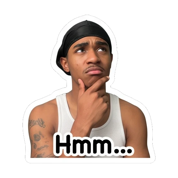 Young man thinking with hand on chin and text Hmm... Daily Vibes of a Durag Guy sticker for expressive chats and social replies.