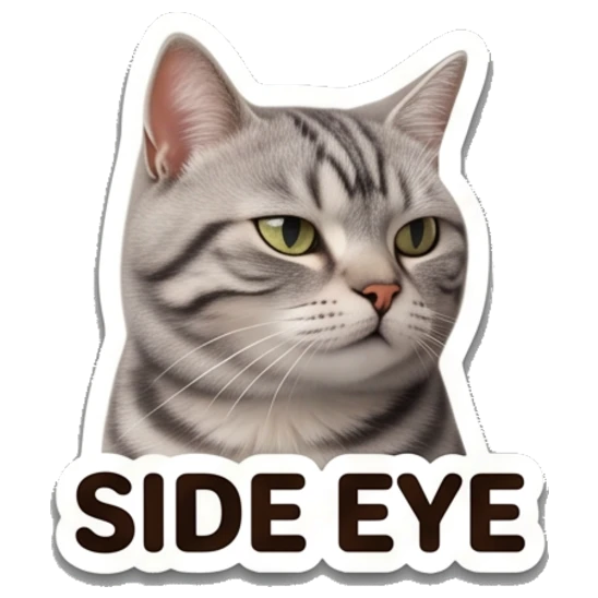 Skeptical tabby cat giving side eye with SIDE EYE text Tabby Cat Daily Expressions sticker for expressive chats and social replies.