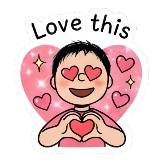 Boy surrounded by hearts with heart-shaped eyes saying Love this. Daily Life of a Cartoon Boy sticker for expressive chats and social replies.