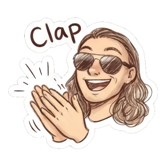 Man clapping his hands enthusiastically, text 'Clap' Cool Long-Haired Guy Vibes sticker for expressive chats and social replies.