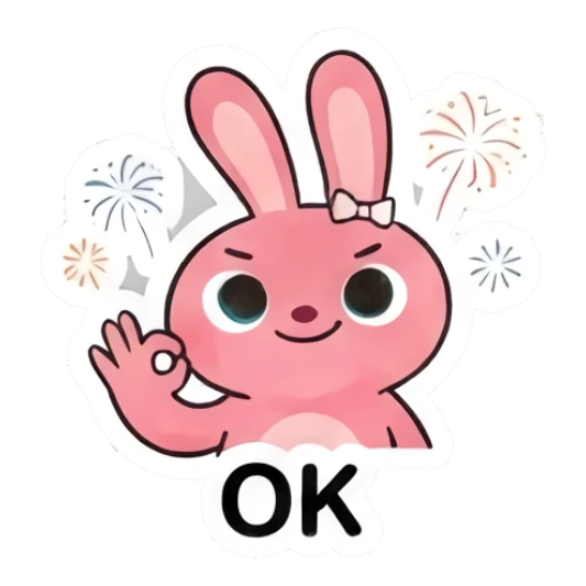 Pink bunny making an OK gesture with fireworks background Pink Bunny Moods sticker for expressive chats and social replies.