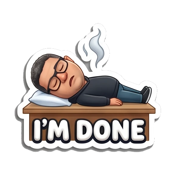 Man with glasses sleeping on a desk with text I'M DONE. Tech Guy Daily Vibes sticker for expressive chats and social replies.