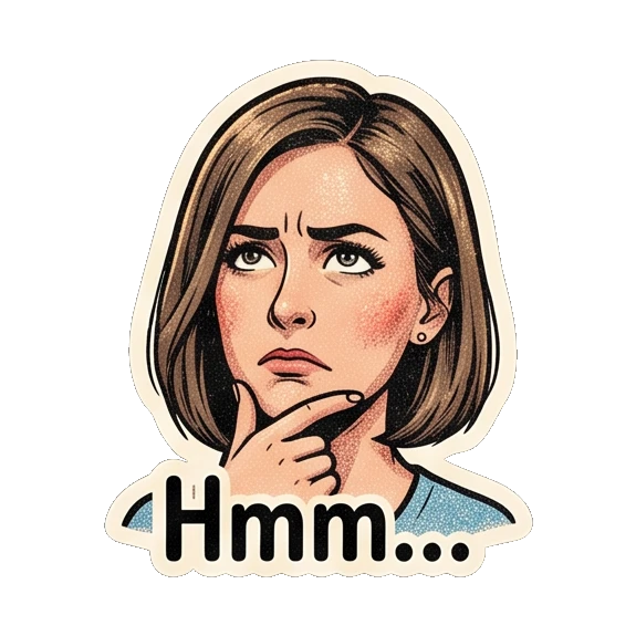 Young woman thinking with a hand on chin with 'Hmm...' text Retro Comic Girl Expressions sticker for expressive chats and social replies.