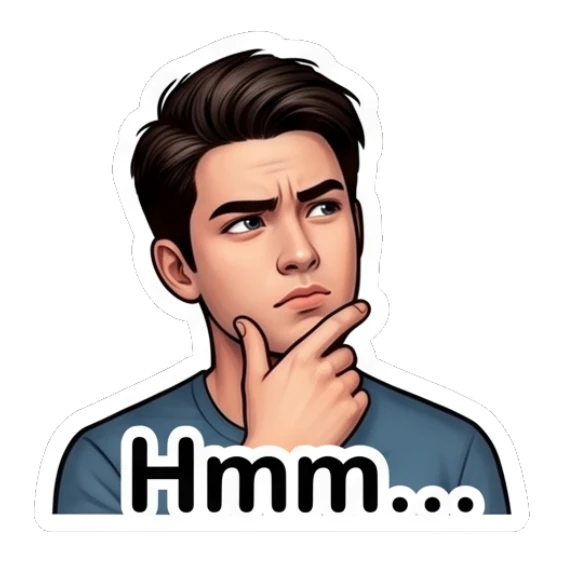 Young man thinking with a hand on his chin. Daily Life of a Cool Guy sticker for expressive chats and social replies.