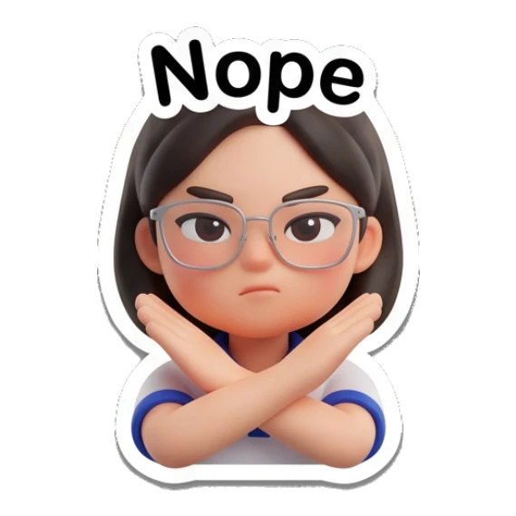 Girl with glasses crossing arms in an X shape, saying Nope. Cheerful Glasses Girl Daily sticker for expressive chats and social replies.