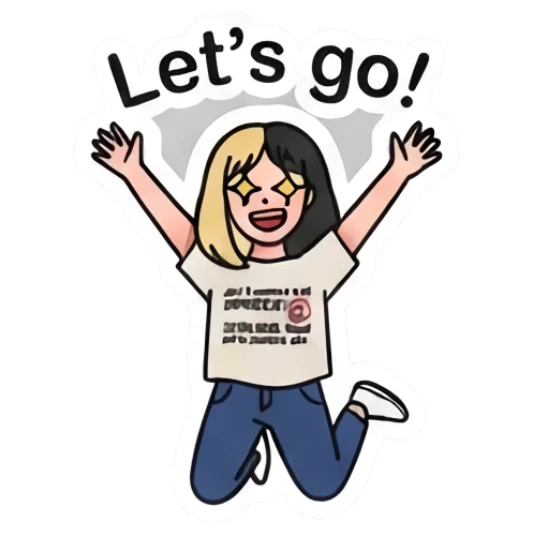 双色发女孩兴奋跳跃欢呼，文字Let's go Two-Tone Girl Daily Vibes sticker for expressive chats and social replies.