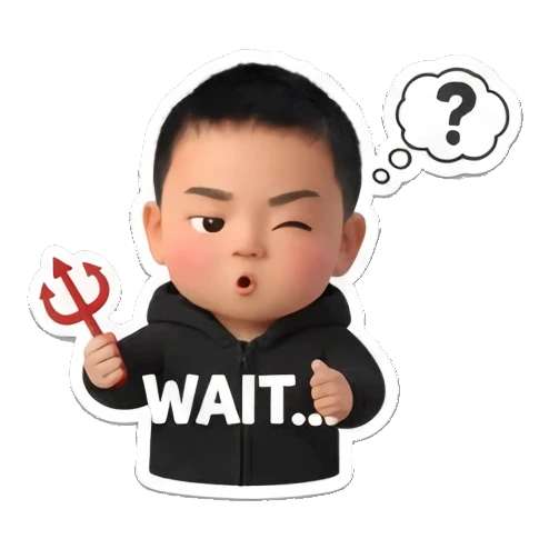 Boy holding devil fork waiting with WAIT.. text Little Boy Daily Vibes sticker for expressive chats and social replies.