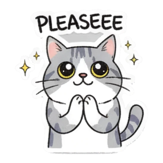Pleading gray cat with big eyes and text Pleaseee Playful Gray Tabby Diary sticker for expressive chats and social replies.