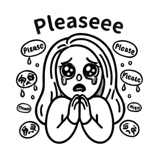 Girl begging with puppy eyes, text Pleaseee Keith Haring Style Girl Expressions sticker for expressive chats and social replies.
