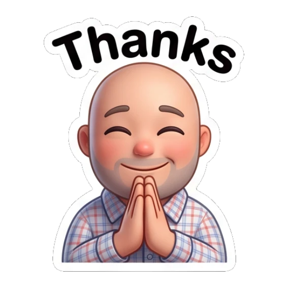 Bald man with hands together in a thankful prayer pose. Bald Guy Daily Vibes sticker for expressive chats and social replies.