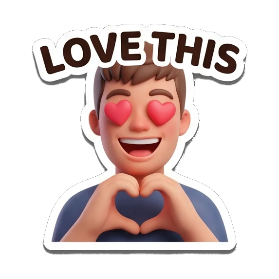 Boy making heart shape with hands and LOVE THIS text Cheerful 3D Boy Daily Expressions sticker for expressive chats and social replies.
