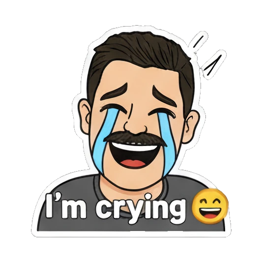 Mustache man laughing and crying with I'm crying text Mustache Man Daily Vibes sticker for expressive chats and social replies.