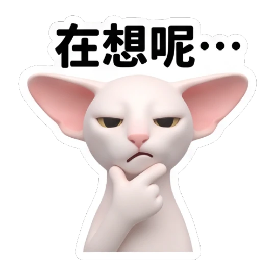 Thinking Sphynx cat with hand on chin and '在想呢...' text Sphynx Cat Daily Vibes sticker for expressive chats and social replies.