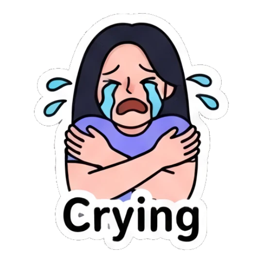 Girl crying with blue tears, arms crossed, text Crying Daily Life of a Trendy Girl sticker for expressive chats and social replies.