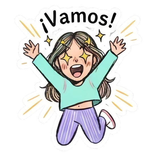 Girl jumping with excitement and star eyes, text '¡Vamos!' Daily Doodle Girl Vibes sticker for expressive chats and social replies.
