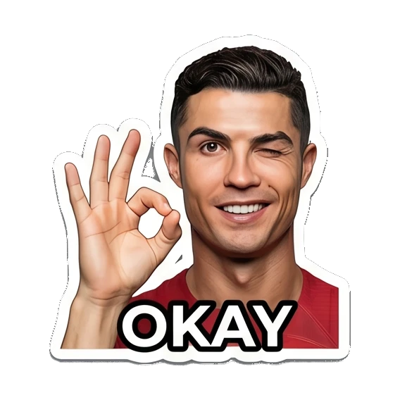 Cristiano Ronaldo making OK gesture with OKAY text Cristiano Ronaldo Expressions sticker for expressive chats and social replies.