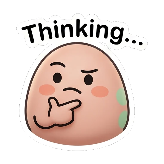 Pensive egg character touching chin while thinking with 'Thinking...' text. Little Egg Moods sticker for expressive chats and social replies.