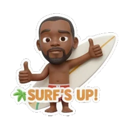 Man giving a thumbs up with a surfboard, text SURF'S UP! Summer Beach Vibes sticker for expressive chats and social replies.
