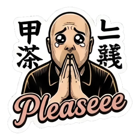 Bald man praying with a pleading expression, text says Pleaseee. Bald Guy Daily Vibes sticker for expressive chats and social replies.