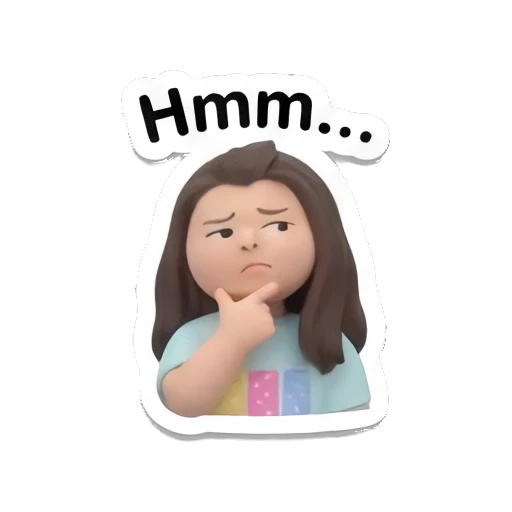 Pensive girl touching her chin thinking with text Hmm... Little Girl Daily Vibes sticker for expressive chats and social replies.