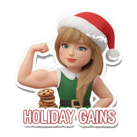 Blonde girl in elf outfit flexing muscles with cookies, text HOLIDAY GAINS Festive Blonde Holiday Vibes sticker for expressive chats and social replies.