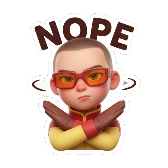 Pilot boy crossing arms in X shape, nope expression. Cool Pilot Adventures sticker for expressive chats and social replies.