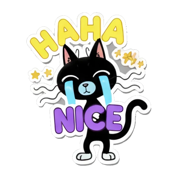 Black cat laughing with tears and HAHA NICE text Playful Black Cat Daily Life sticker for expressive chats and social replies.