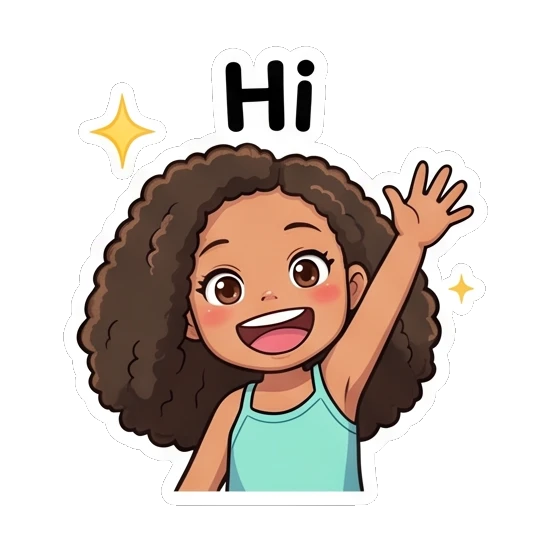 卷发女孩挥手打招呼，开心微笑 Curly Haired Girl Expressions sticker for expressive chats and social replies.