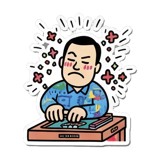 Man looks grumpy at mahjong table with red cross symbols. Mahjong Master Daily sticker for expressive chats and social replies.