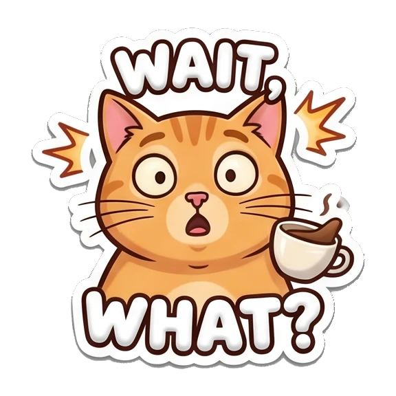 Shocked orange cat holding coffee, text WAIT WHAT Puffy Orange Cat Moods sticker for expressive chats and social replies.