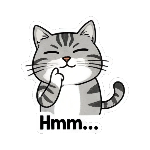 Gray cat thinking with paw on chin saying Hmm... Gray Tabby Moods sticker for expressive chats and social replies.