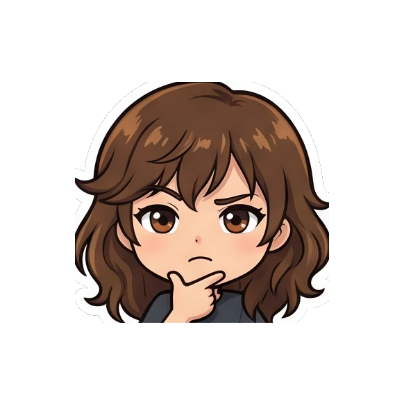 Brown-haired girl thinking with a hand on her chin. Brown Hair Chibi Girl Daily Life sticker for expressive chats and social replies.