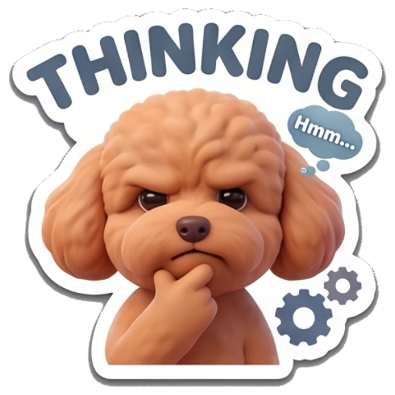 Poodle thinking with a hand on chin and gears. Poodle Pals Daily sticker for expressive chats and social replies.
