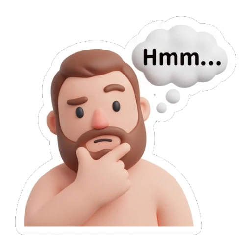 Bearded man deep in thought with a finger on chin saying Hmm. Bearded Buddy Expressions sticker for expressive chats and social replies.