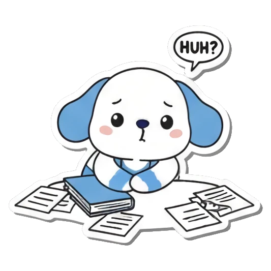 Puppy confused at desk with HUH? Little Scientist Puppy sticker for expressive chats and social replies.