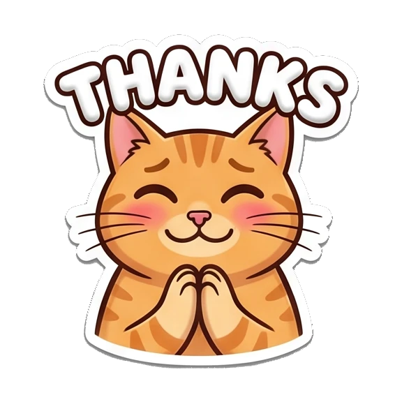 Grateful orange cat with hands together, text THANKS Puffy Orange Cat Moods sticker for expressive chats and social replies.