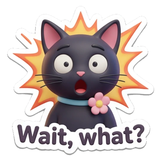 Shocked black cat with a burst background, asking Wait what. Playful Black Cat Daily sticker for expressive chats and social replies.