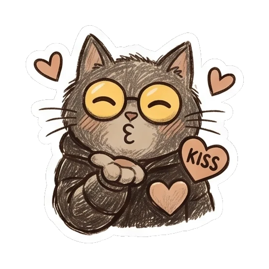 Cat blowing a kiss with hearts and text KISS. Furry Doodle Cat Daily sticker for expressive chats and social replies.