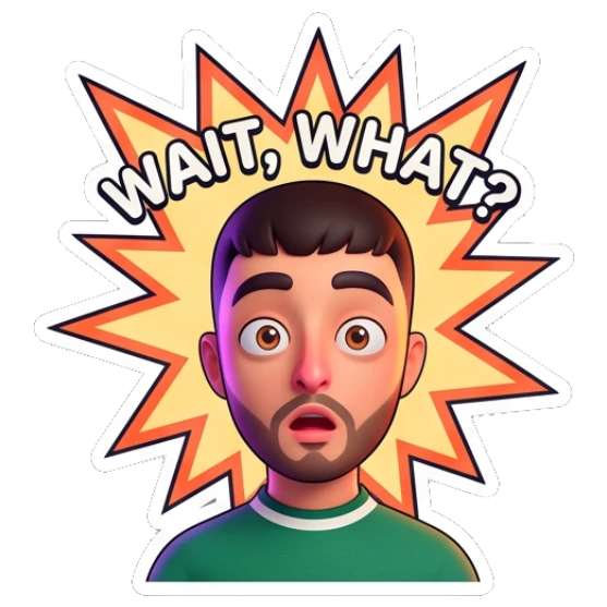 Guy looking shocked with a Wait What text bubble Cheerful Guy Daily Vibes sticker for expressive chats and social replies.