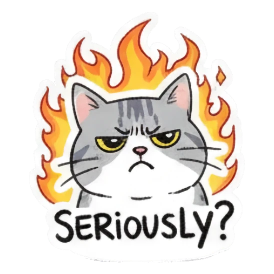 Angry gray cat surrounded by flames with text Seriously? Playful Gray Tabby Diary sticker for expressive chats and social replies.