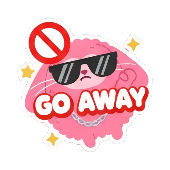 Pink bunny wearing sunglasses and chain, rejecting with 'GO AWAY' text. Pink Fluffy Bunny Emotions sticker for expressive chats and social replies.