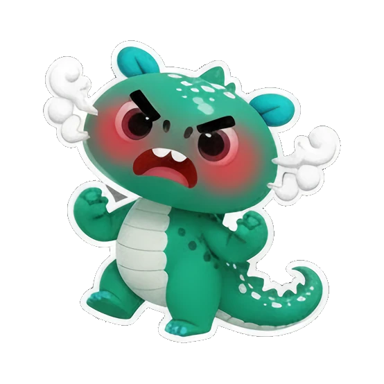 Angry red-faced dino with steam from ears Cheerful Green Dino Adventures sticker for expressive chats and social replies.