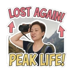 Lost but happy, 'PEAK LIFE!' Travel Adventures sticker for expressive chats and social replies.
