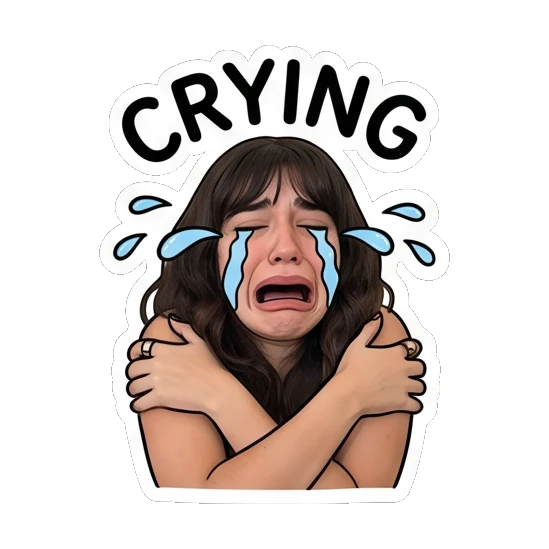 Young woman crying with hands hugging herself, text CRYING Daily Moods of a Girl sticker for expressive chats and social replies.