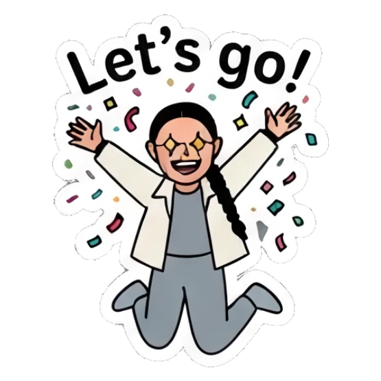 Woman jumping with confetti, excited, text Let's go Diverse Duo Expressions sticker for expressive chats and social replies.