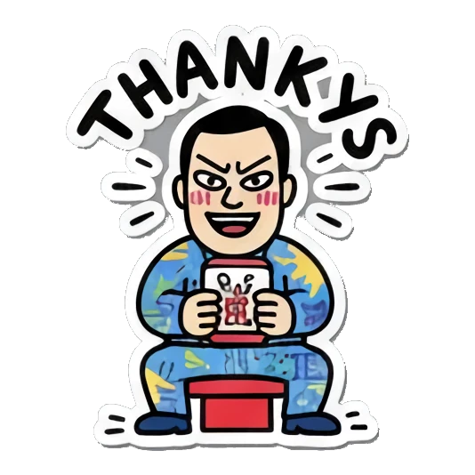 Man holds mahjong tile with 'THANKYS' text, looking grateful. Mahjong Master Daily sticker for expressive chats and social replies.